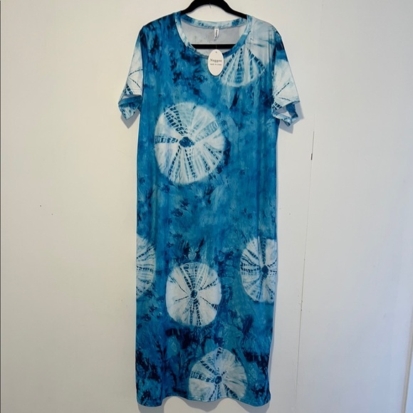 NWT Naggoo Maxi Tie Dye Short Sleeve Round Neck Side Slits Dress A93 - Picture 1 of 6